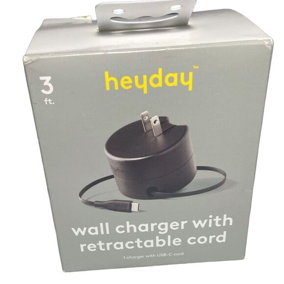 Heyday Wall Charger Retractable 3ft USB-C Cable Fast Charge Phone Tablet Black - Picture 1 of 8